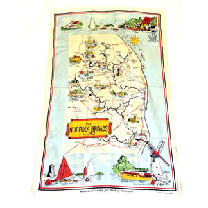 Vtg. Souvenir Tea Towel "The Norfolk Broads" England-Roys of Wroxham 28" x 18"